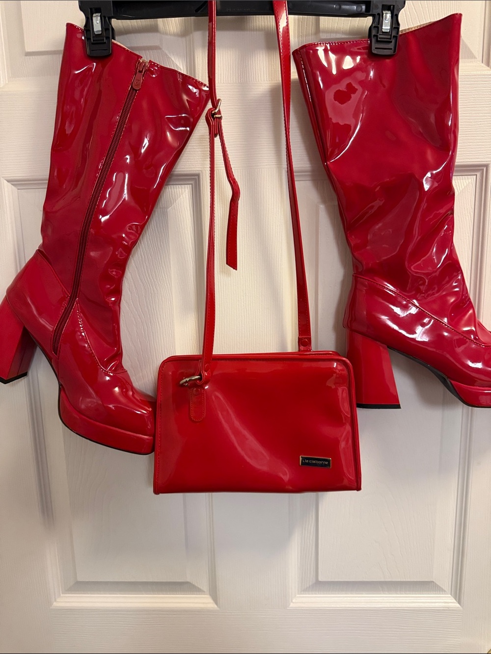 Tall Red patent Leather Boots and Red Patent Crossbody Bag with Adjustable Strap